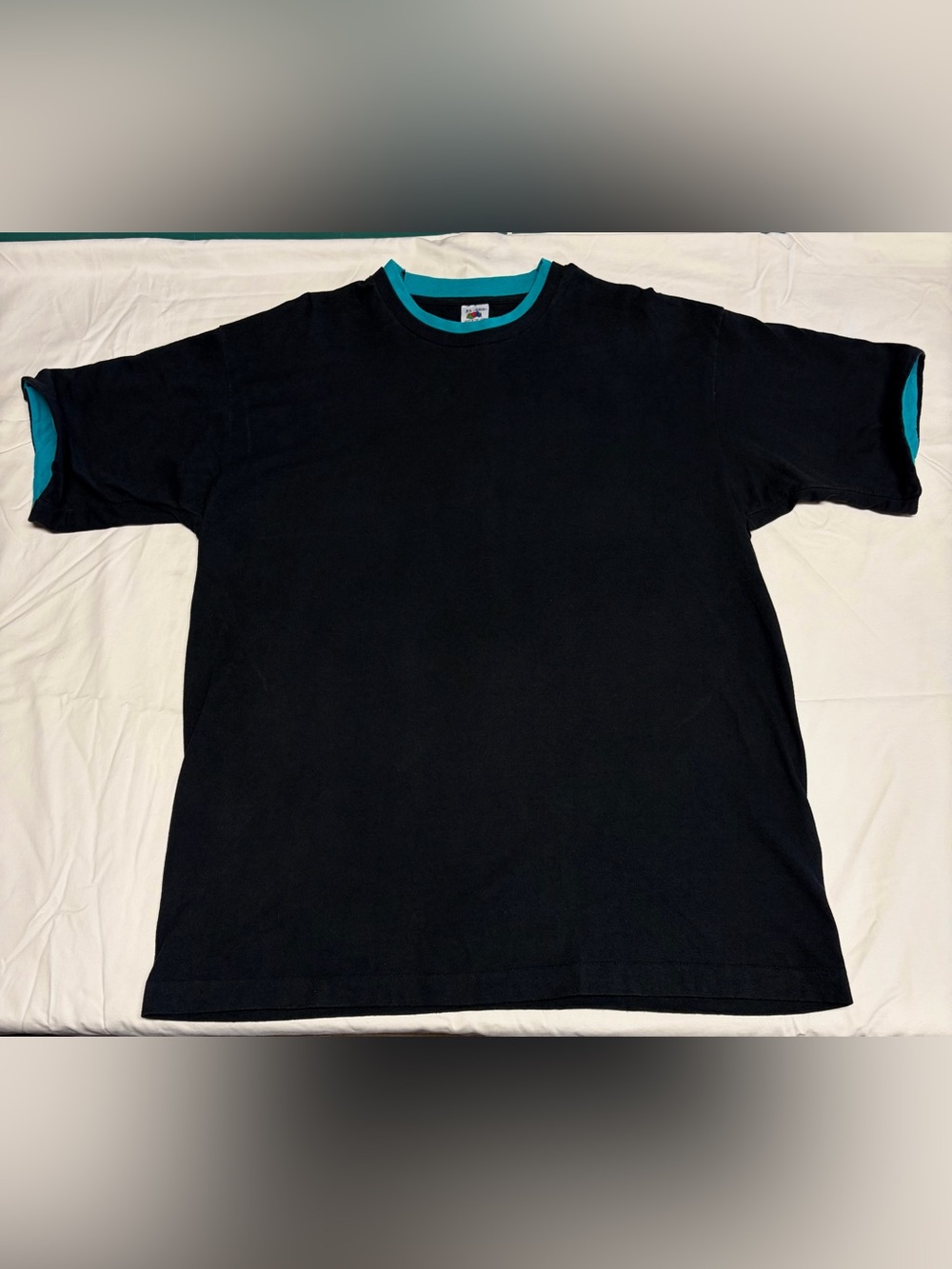 Vintage 90s Fruit of the Loom Black Teal Double Collar Cuff T Shirt Size XL